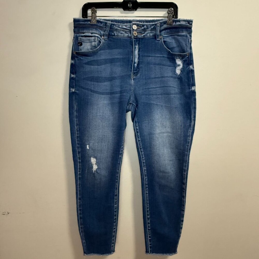 KanCan Distressed Medium Wash High-Waisted Stretch Skinny Jeans with Frayed Hem